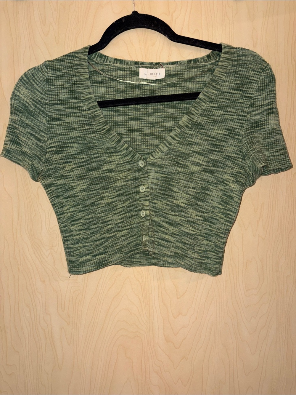 La Hearts Green Ribbed V-Neck Button Crop Top